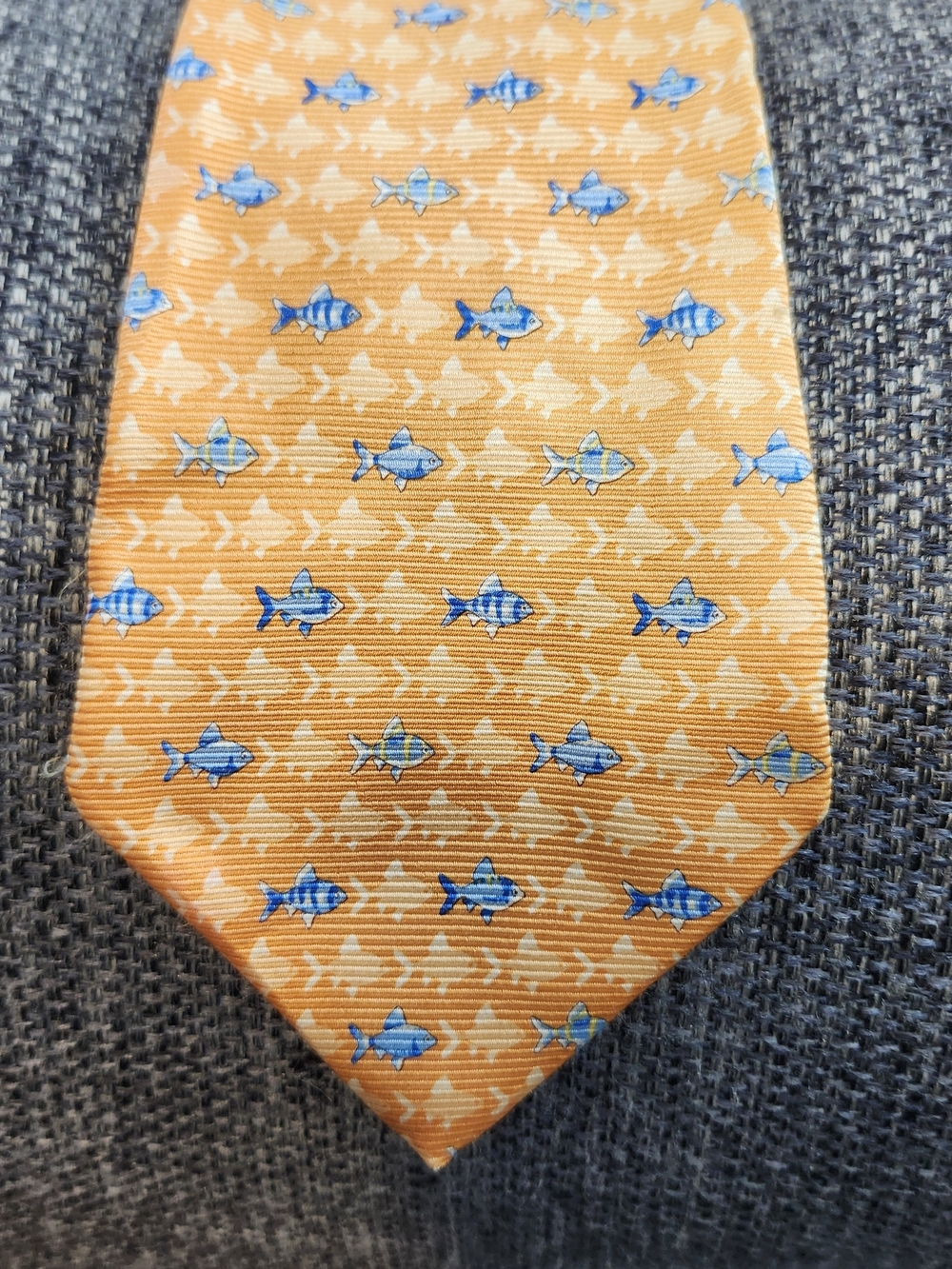 VTG 90s Tommy Hilfiger Orange Tie with Blue Fish Pattern Imported 100% Silk
